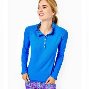 Lilly Pulitzer UPF 50+ Luxletic Hutton Polo Blue Long Sleeve Blouse